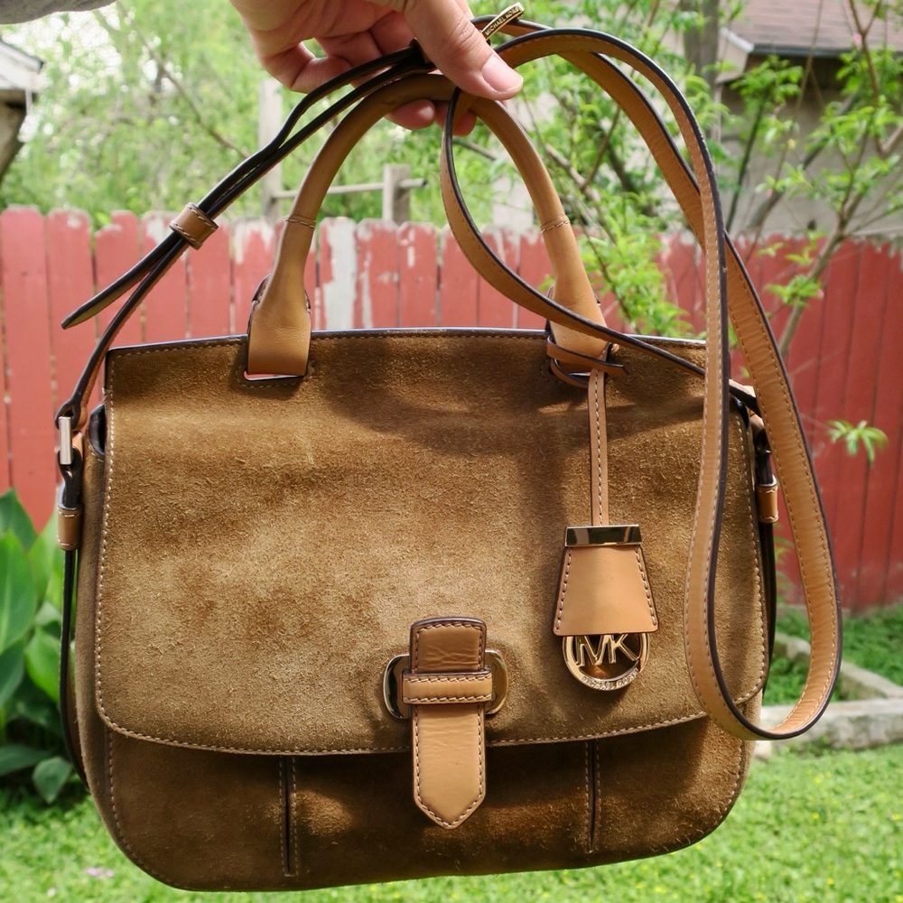MICHAEL KORS Romy Large Suede Crossbody Bag Brown | Fold-Over Flap Top Handle